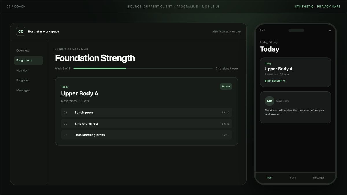 Synthetic CoachOS coach workspace and client mobile app walkthrough