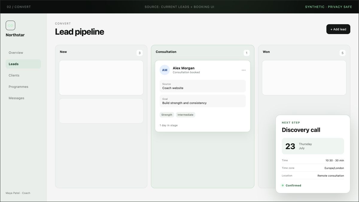 Synthetic CoachOS lead pipeline and consultation booking walkthrough