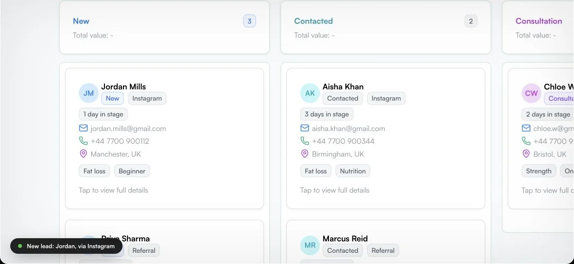 CoachOS Sales Pipeline using generic demo leads