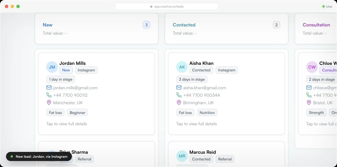 CoachOS Sales Pipeline using generic demo leads