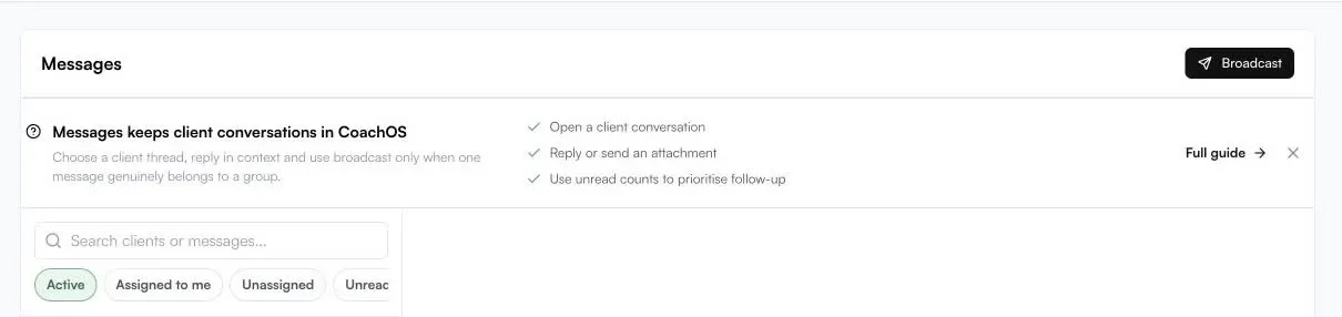 CoachOS messaging controls for conversations, attachments and inbox filters