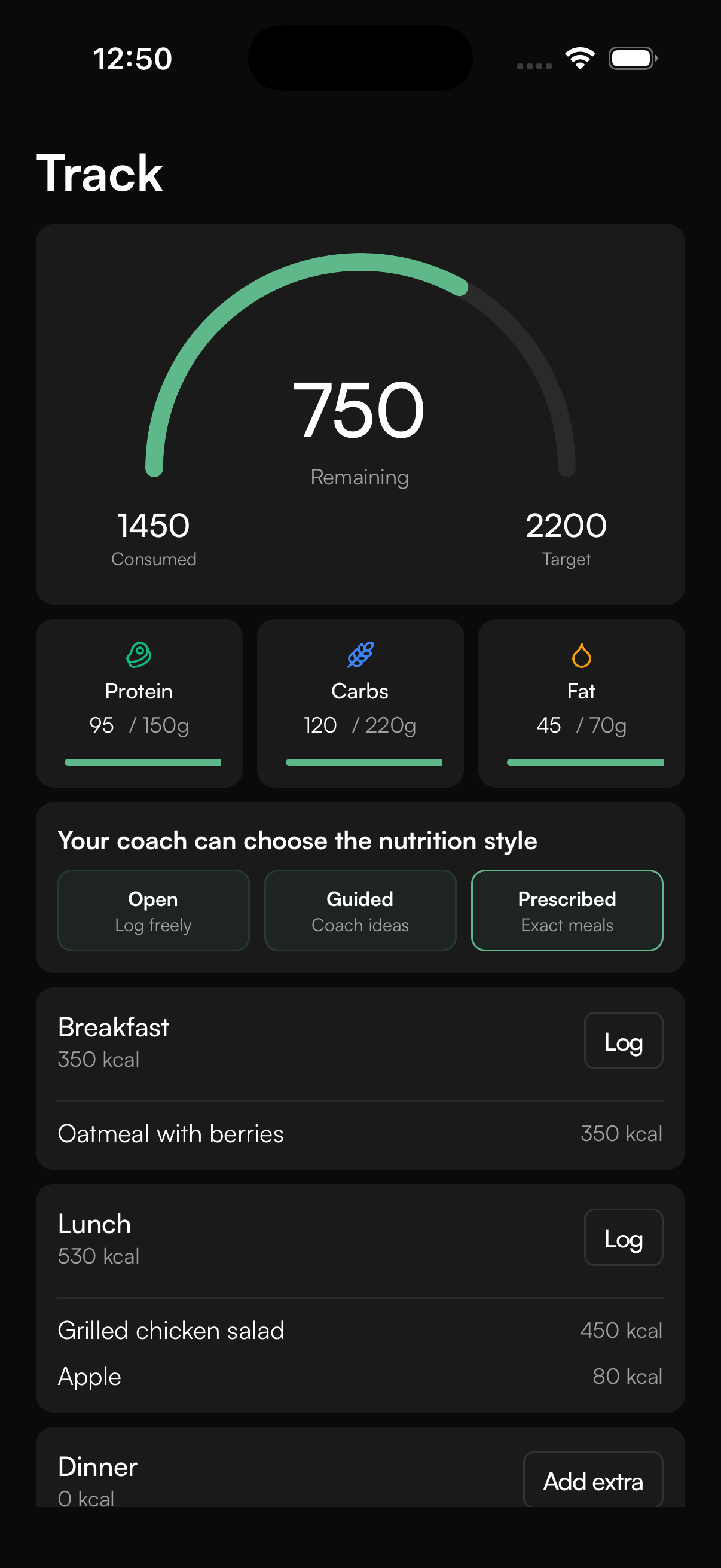 CoachOS mobile nutrition screen