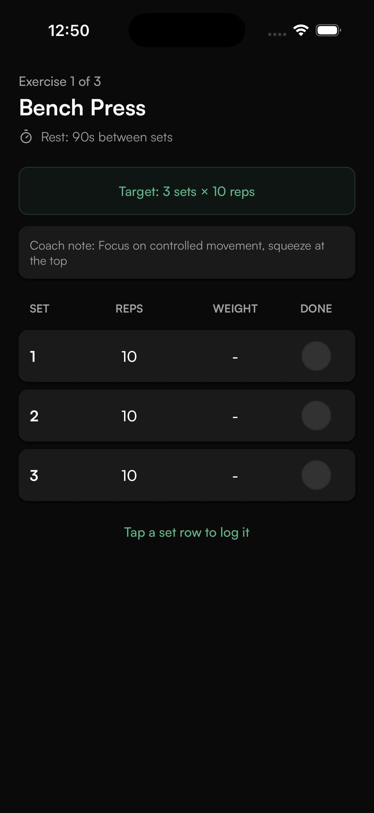 CoachOS client app workout set and rep tracking